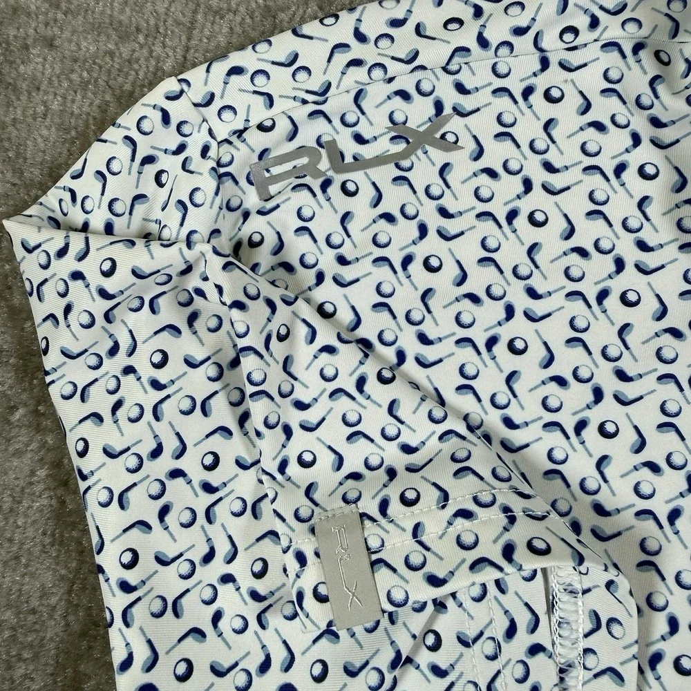 RLX Ralph Lauren Polo Shirt Men's Medium White Blue Golf Club Ball Pattern